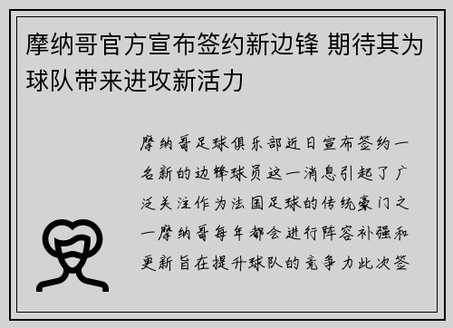 摩纳哥官方宣布签约新边锋 期待其为球队带来进攻新活力