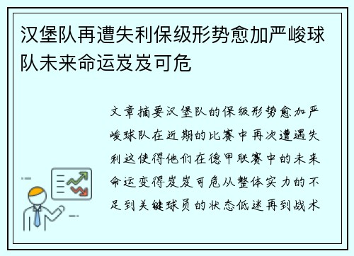 汉堡队再遭失利保级形势愈加严峻球队未来命运岌岌可危