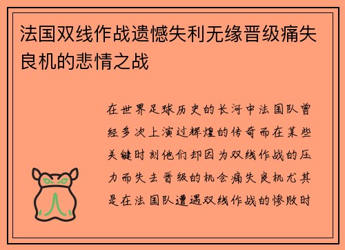法国双线作战遗憾失利无缘晋级痛失良机的悲情之战