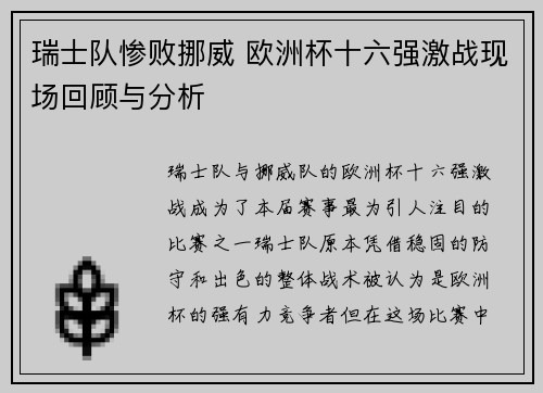 瑞士队惨败挪威 欧洲杯十六强激战现场回顾与分析