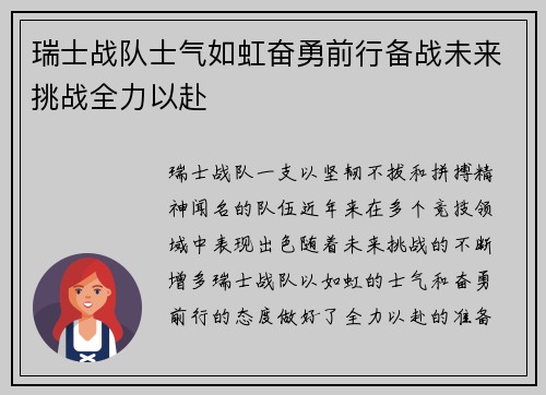 瑞士战队士气如虹奋勇前行备战未来挑战全力以赴
