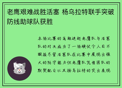老鹰艰难战胜活塞 杨乌拉特联手突破防线助球队获胜